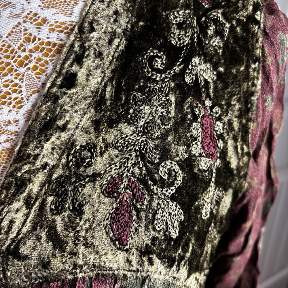Boho Velvet Patchwork V-Neck Blouse in Olive & Burgundy - Picture 2 of 16